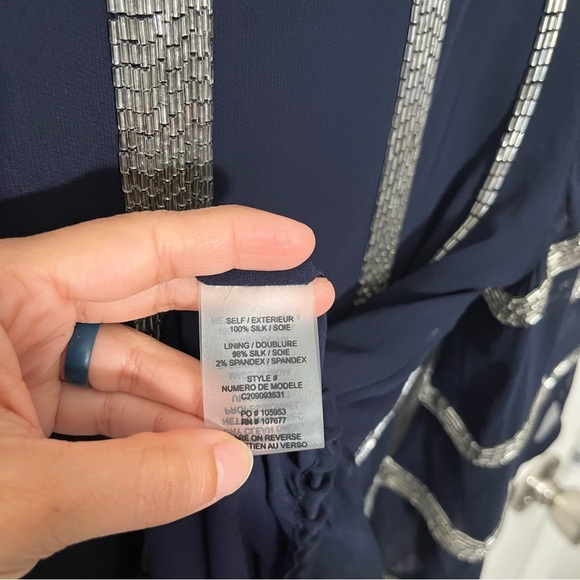 ALICE + OLIVIA Navy Silk 3/4 Sheer Sleeve Silver Beaded Blouse | size Small. - Picture 8 of 10